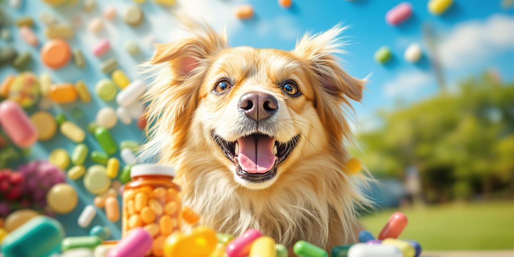 Happy dog with colorful vitamin supplements around it.