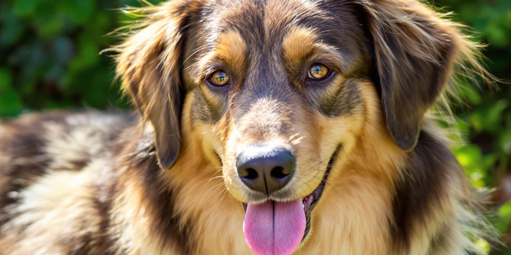 A healthy dog with a shiny coat in sunlight.