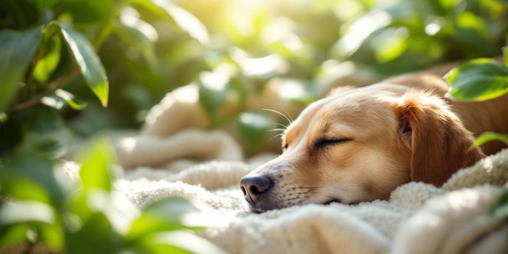 Relaxed dog resting on a blanket with plants.