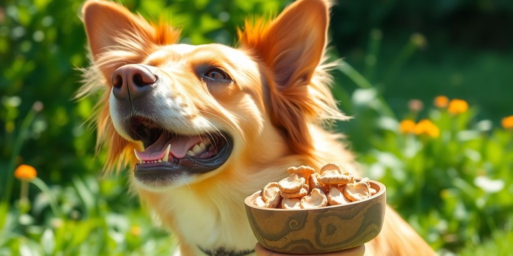 Healthy dog with turkey tail supplement in nature.