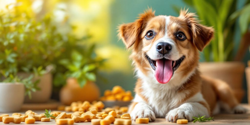 Playful dog with natural dental cleaning products and herbs.