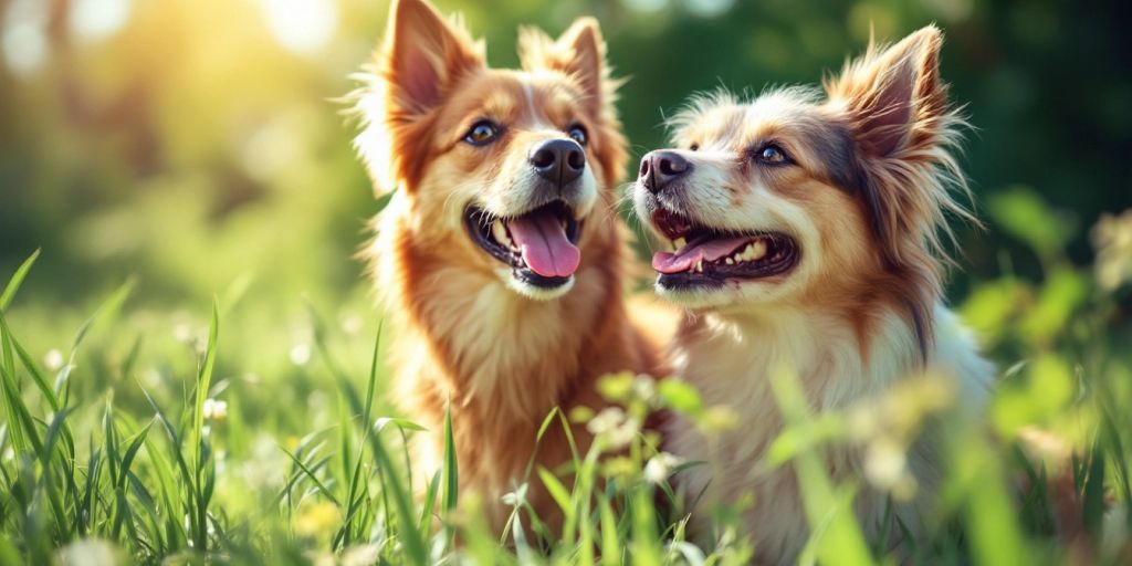 Happy dog in nature with ashwagandha root.