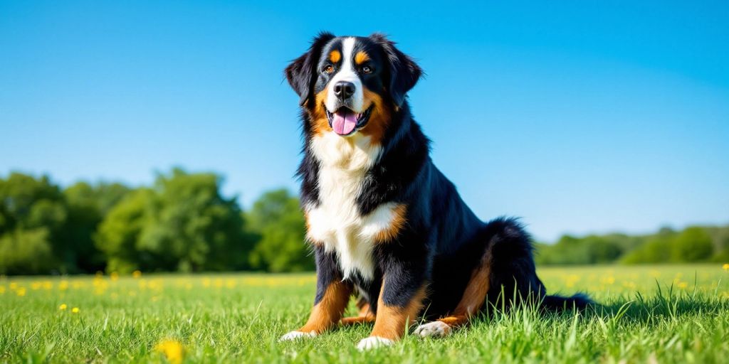Healthy Bernese Mountain Dog in a grassy field.