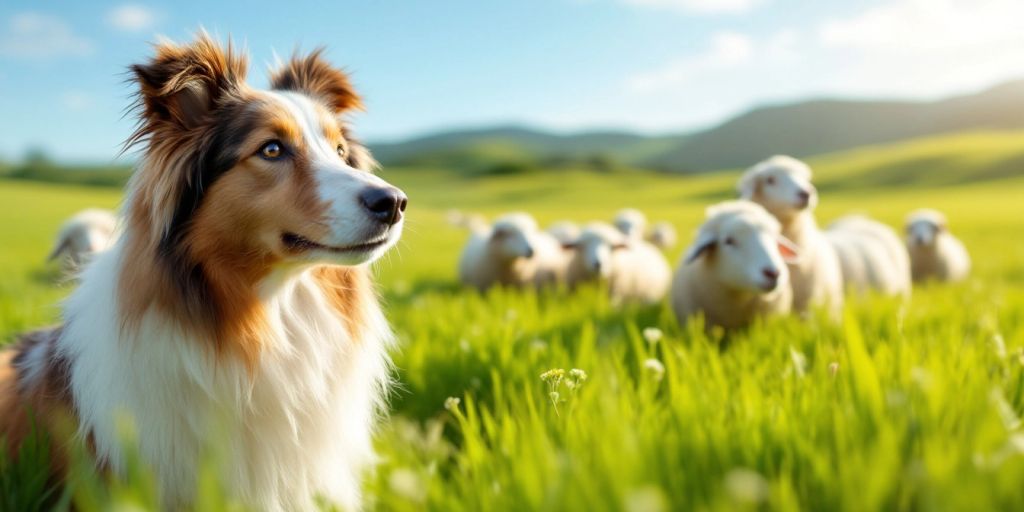 Collie herding sheep in a peaceful green field.