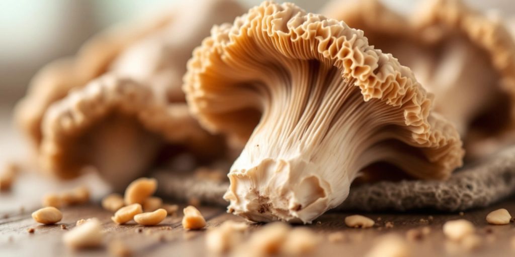 Maitake mushrooms on a wooden surface, showcasing their texture.