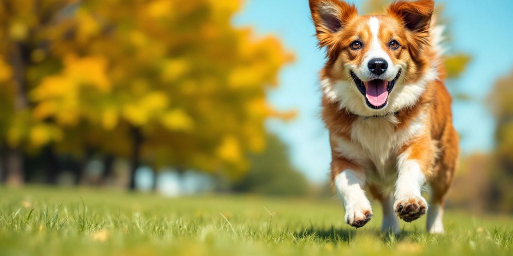 Happy dog running in a green park.