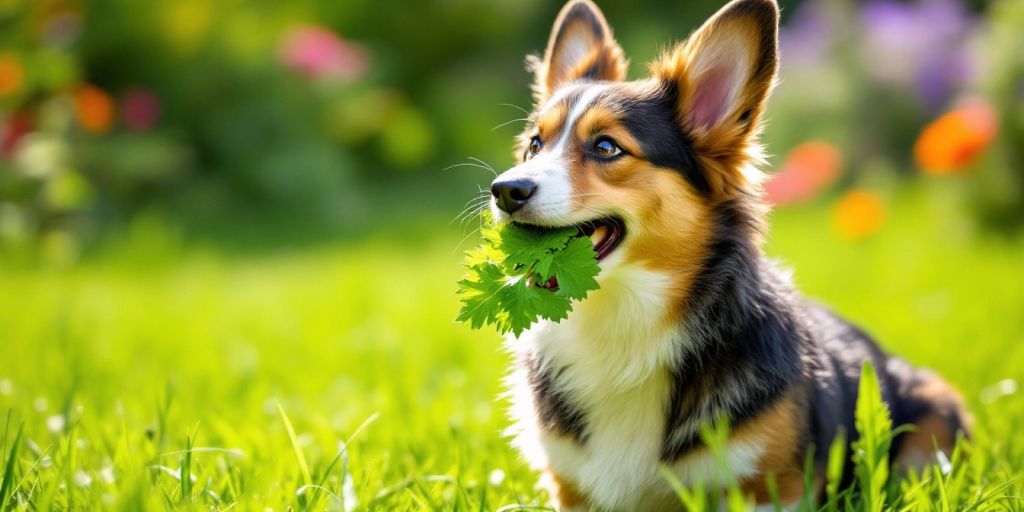 Pembroke Welsh Corgi with fresh alfalfa leaves outdoors.