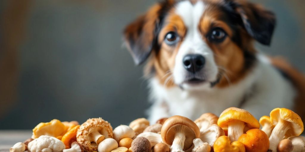 Mushrooms and a healthy dog for canine nutrition.