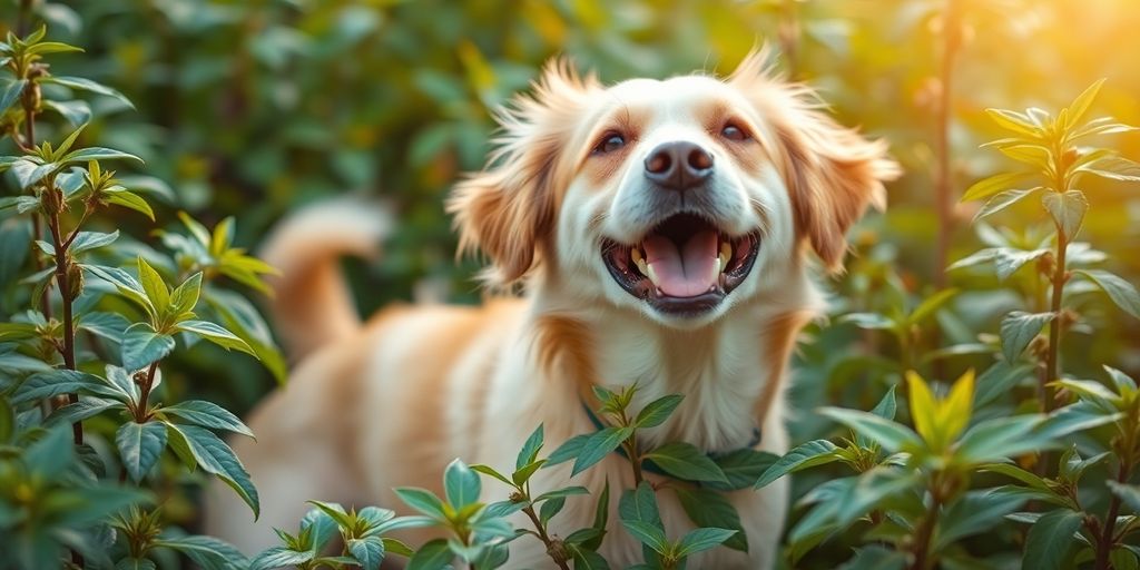 Happy dog with ashwagandha plants in natural setting.