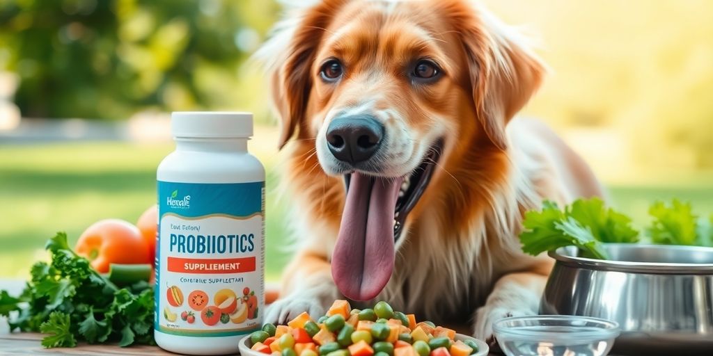 Happy dog with probiotic supplement and fresh vegetables.