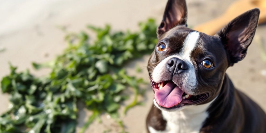 Boston Terrier with kelp on a beach.