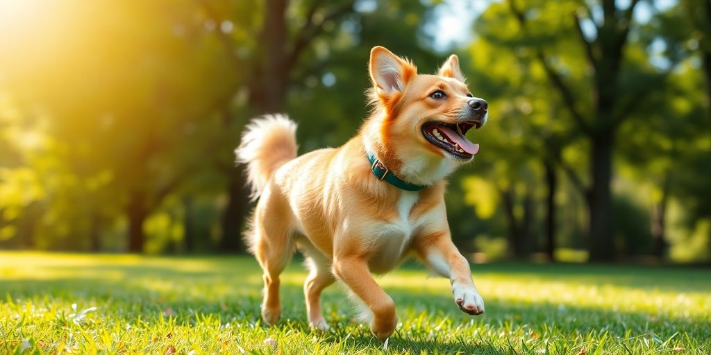 A playful dog in a green park.