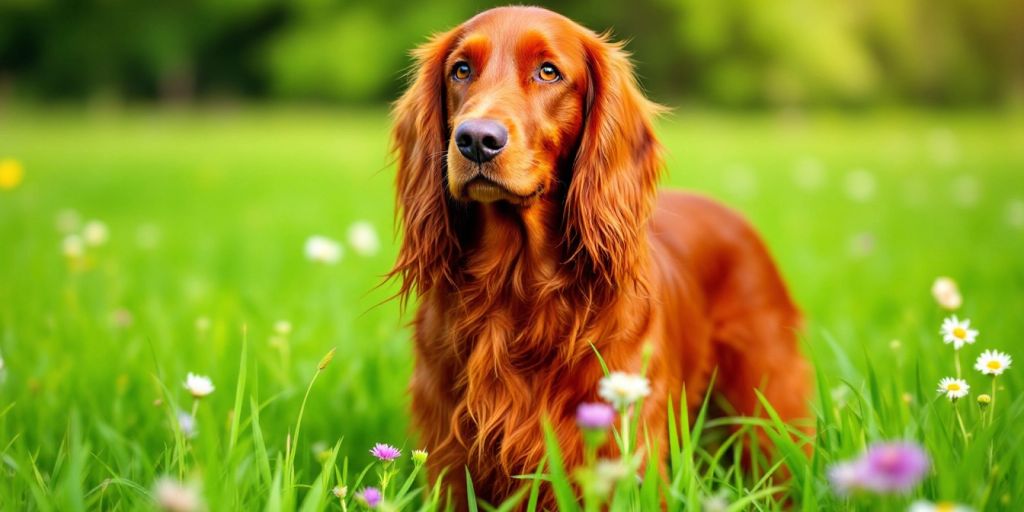 Irish Setter with a shiny red coat in a field.