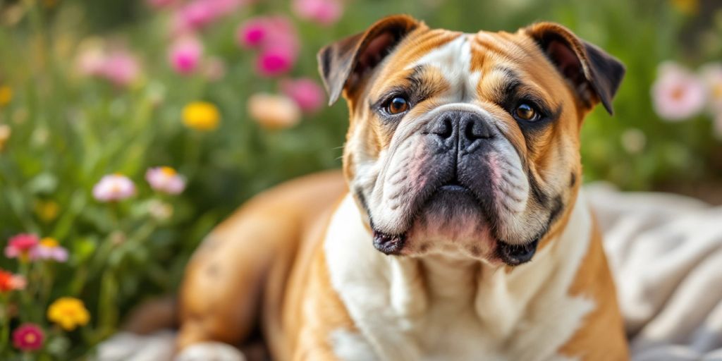 Bulldog with healthy coat in a natural outdoor setting.