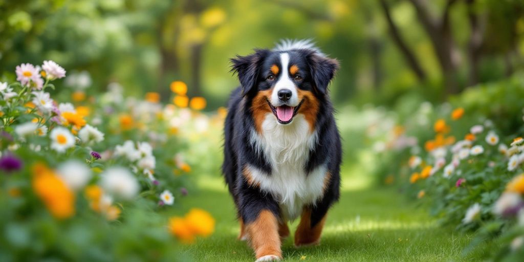 Bernese Mountain Dog walking in a green park.