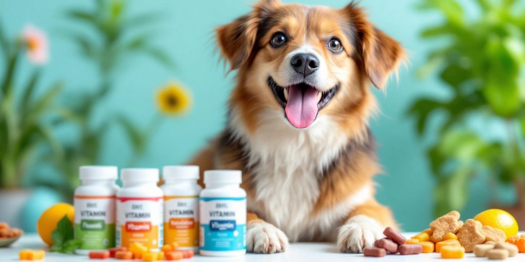 Happy dog with vitamin supplements in a bright setting.