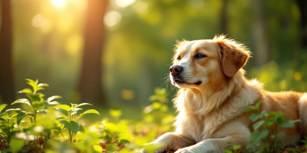 Calm dog in nature with ashwagandha plants around.