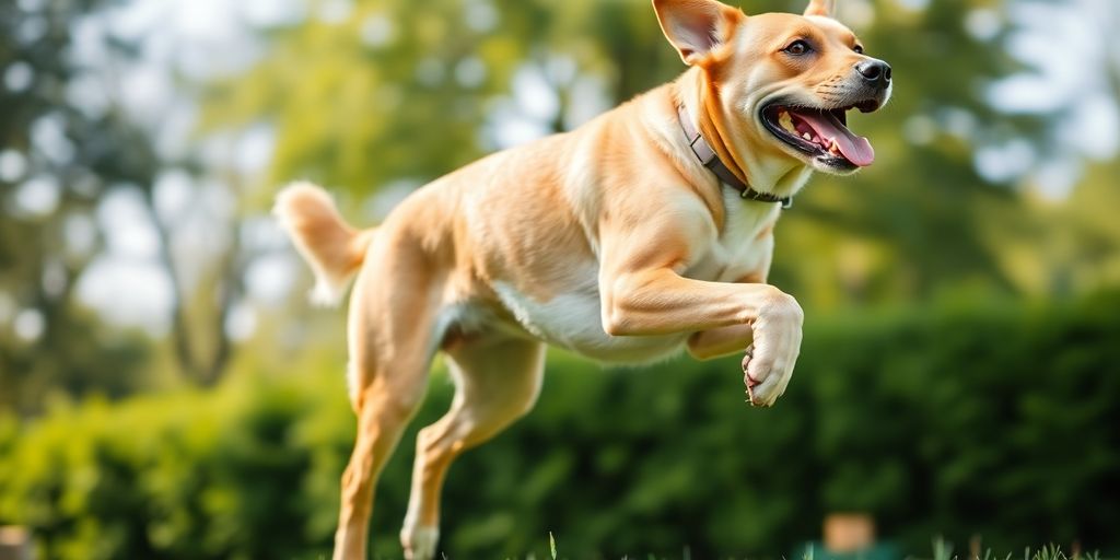 Happy dog playing outdoors in a green park.