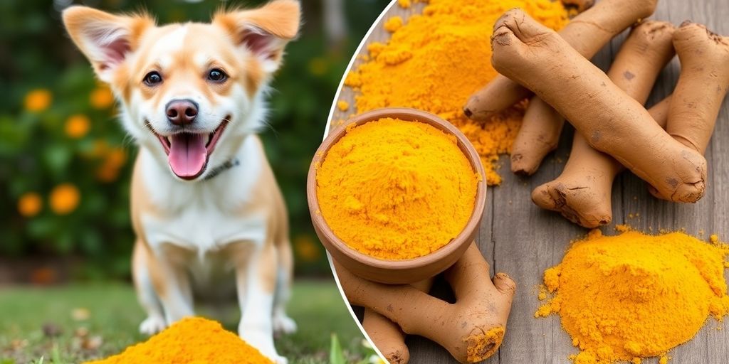 Turmeric with a happy dog in a natural setting.