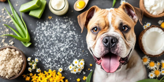 Bulldog with healthy skin and natural remedies around it.