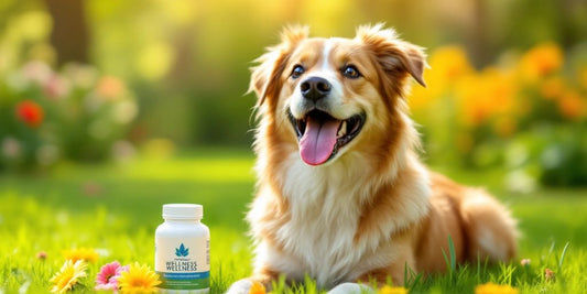 Happy dog in park with wellness supplements nearby.