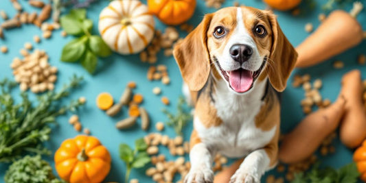 Healthy beagle with natural food ingredients for digestion.