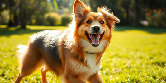 Energetic dog playing outside in bright sunlight.