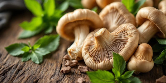 Close-up of Maitake mushrooms on a wooden surface.