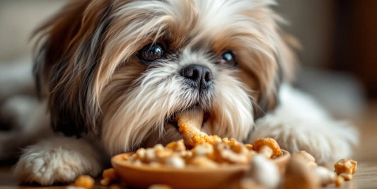 Shih Tzu with turkey tail mushrooms in a cozy setting.