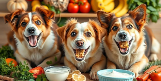 Healthy dogs enjoying natural probiotic treats and ingredients.