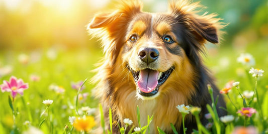 Healthy dog with shiny coat playing in green field.