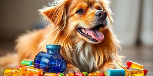 Healthy dog with shiny fur and colorful vitamins.