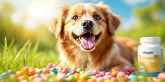 Happy dog with vitamins on green grass background.