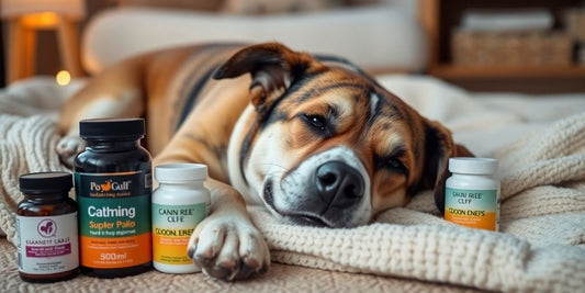 Calm dog resting on blanket with supplements nearby.