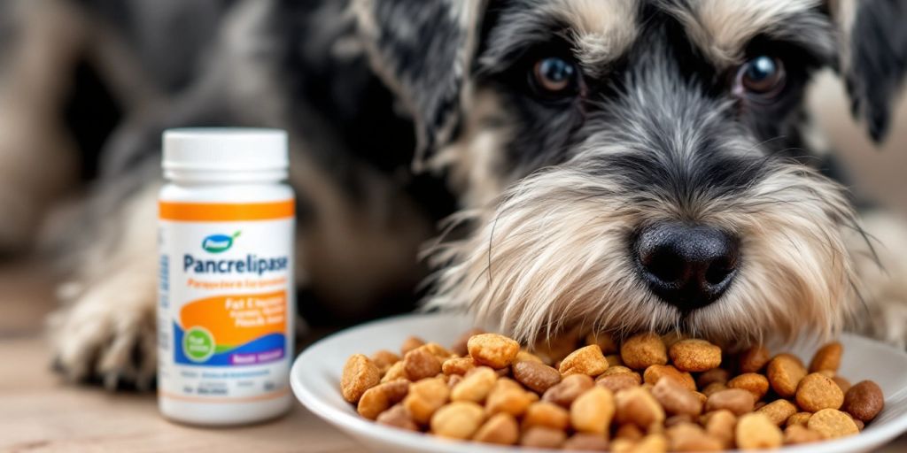 Miniature Schnauzer eating kibble with pancrelipase supplement.