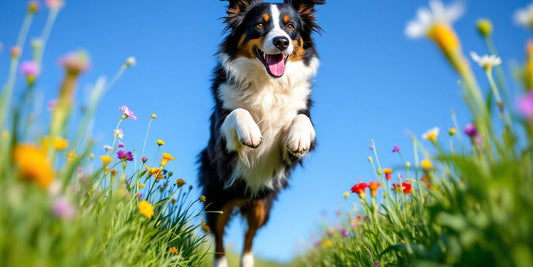 Border Collie jumping in a sunny green field.