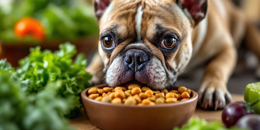 Healthy French Bulldog eating nutritious food from a bowl.