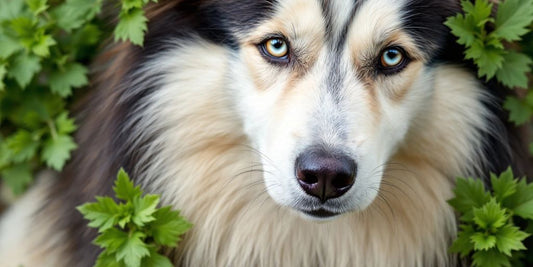 Siberian Husky with shiny coat and fresh alfalfa leaves.