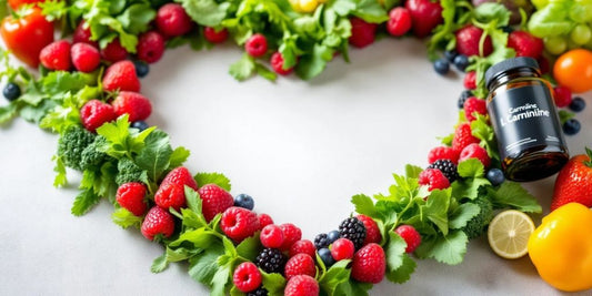 Heart-shaped produce with L-Carnitine supplement bottle.