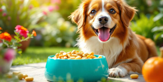 Happy dog eating health supplements in a sunny garden.
