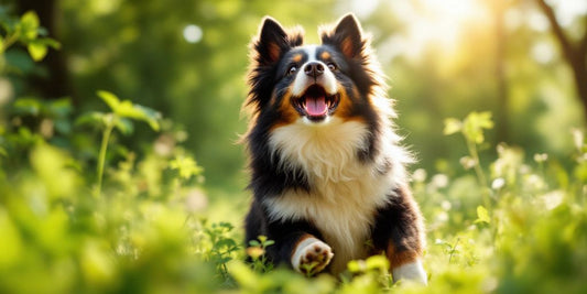 Energetic Karelian Bear Dog playing in a lush setting.