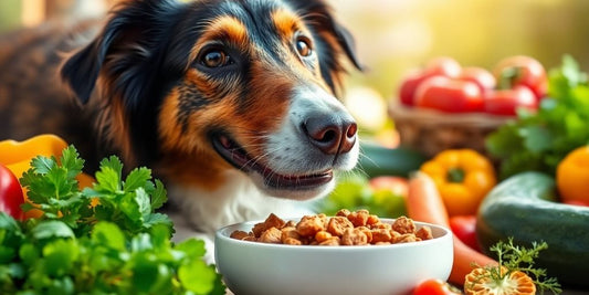 Happy dog with probiotic food and fresh vegetables.