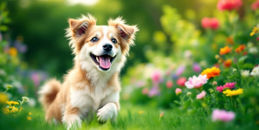 Happy dog playing outdoors in a sunny park.