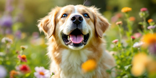 Happy dog in nature with natural supplements for health.
