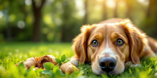 Dog on grass with ashwagandha roots and leaves.
