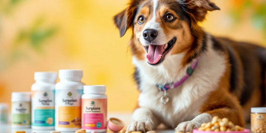 Happy dog with colorful dog supplements around it.