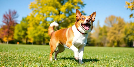 Happy dog playing in a green park, showing vitality.