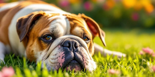 Lazy bulldog resting in a sunny garden.