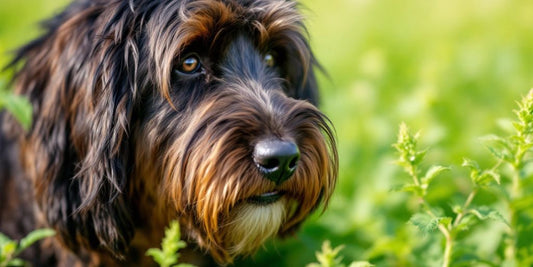 Briard dog with a healthy coat and alfalfa plants.