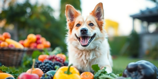 Happy dog playing outdoors with fresh fruits and vegetables.